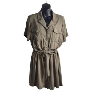 MM Women's Olive Green Jumpsuit Romper Shortsleeve Belt Collar V-Neck Sz M NWT